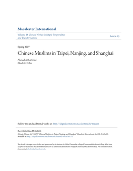 Chinese Muslims in Taipei, Nanjing, and Shanghai Ahmad Atif Ahmad Macalester College