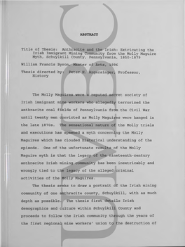 Anthracite and the Irish: Extricating the Irish Immigrant Mining Community from the Molly Maguire Myth, Schuylkill County, Pennsylvania, 1850-1879