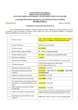 Government of Kerala Irrigation Department Kuttiady Irrigation Project Sub Division, Peruvannamuzhi
