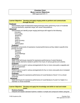 Chamber Choir Music Learner Objectives BOE Approved 4-21-11