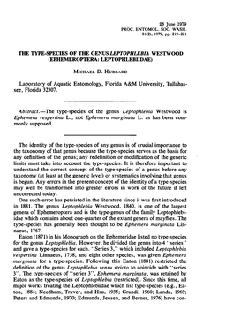 The Type-Species of the Genus Leptophlebia Westwood (Ephemeroptera: Leptophlebiidae)