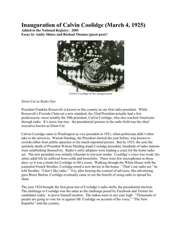 Inauguration of Calvin Coolidge (March 4, 1925) Added to the National Registry: 2005 Essay by Amity Shlaes and Rushad Thomas (Guest Post)*