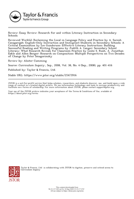 Research for and Within Literacy Instruction in Secondary Schools Reviewed Work(S): Reclaiming the Local in Language Policy and Practice by A