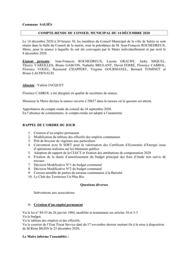 Commune SALIÈS COMPTE-RENDU DU CONSEIL MUNICIPAL DU 14