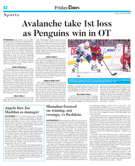 Avalanche Take 1St Loss As Penguins Win in OT