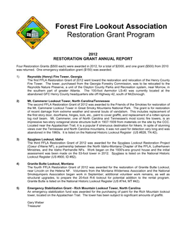 Forest Fire Lookout Association Restoration Grant Program