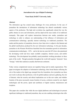 Journalism in the Age of Digital Technology Vineet Kaul, DAIICT