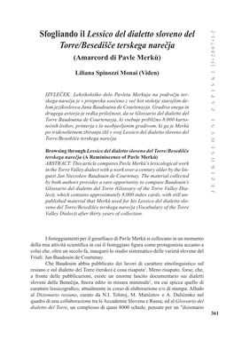 Sfogliando Il Lessico Del Dialetto Sloveno Del Torre/Besedišče Terskega … (Slavistična (Slavistična Revija 28, Št