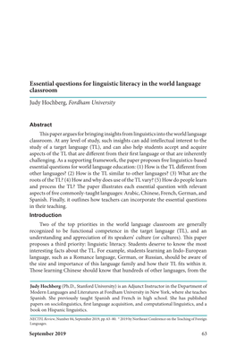 Essential Questions for Linguistic Literacy in the World Language Classroom Judy Hochberg, Fordham University