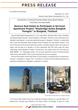 Nomura Real Estate to Participate in Serviced Apartment Project “Staybridge Suites Bangkok Thonglor” in Bangkok, Thailand