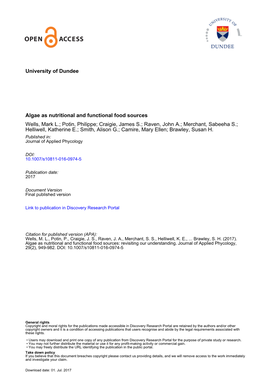 University of Dundee Algae As Nutritional and Functional Food Sources Wells, Mark L