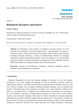 Sensors 2014, 14, 22525-22531; Doi:10.3390/S141222525 OPEN ACCESS Sensors ISSN 1424-8220 Editorial Biomimetic Receptors and Sensors