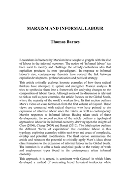 MARXISM and INFORMAL LABOUR Thomas Barnes