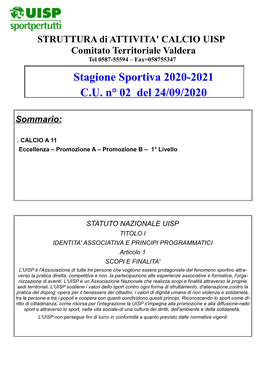 Stagione Sportiva 2020-2021 C.U. N° 02 Del 24/09/2020