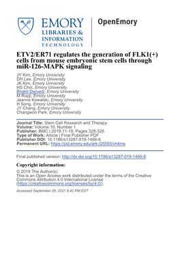 ETV2/ER71 Regulates the Generation of FLK1(+) Cells from Mouse
