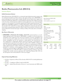 Basilea Pharmaceutica Ltd. (BSLN.S) Initiation Report