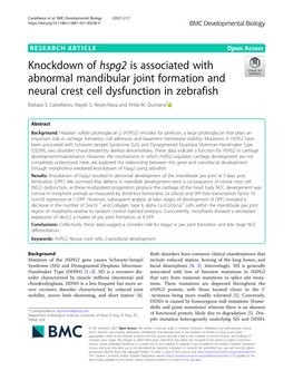 Knockdown of Hspg2 Is Associated with Abnormal Mandibular Joint Formation and Neural Crest Cell Dysfunction in Zebrafish Barbara S