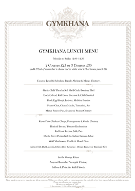 Gymkhana Lunch Menu