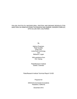 Pollen, Phytolith, Macrofloral, Protein, and Organic Residue (Ftir) Analyses on Samples from the Mission San Gabriel Garden Complex, Site Ca-Lan-184H, California