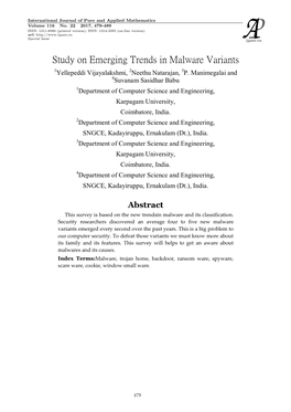 Study on Emerging Trends in Malware Variants 1Yellepeddi Vijayalakshmi, 2Neethu Natarajan, 3P