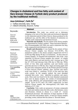 Changes in Cholesterol and Free Fatty Acid Content of Kars Gravyer Cheese (A Turkish Dairy Product Produced by the Traditional Method)