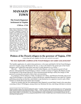 MANAKIN TOWN: the French Huguenot Settlement in Virginia, 1700-Ca. 1750