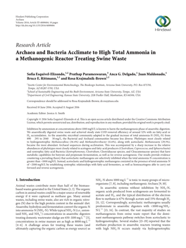 Research Article Archaea and Bacteria Acclimate to High Total Ammonia in a Methanogenic Reactor Treating Swine Waste