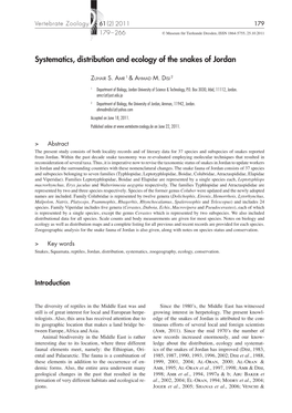 Systematics, Distribution and Ecology of the Snakes of Jordan