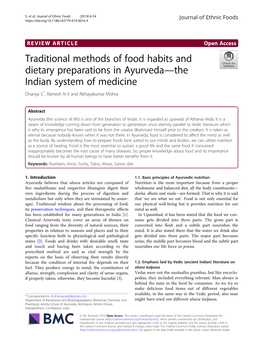 Traditional Methods of Food Habits and Dietary Preparations in Ayurveda—The Indian System of Medicine Dhanya S.*, Ramesh N V and Abhayakumar Mishra