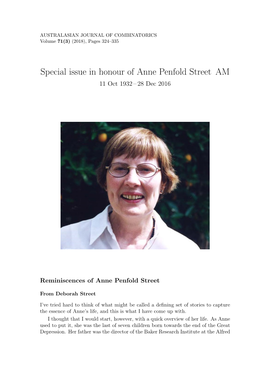 Special Issue in Honour of Anne Penfold Street AM 11 Oct 1932 – 28 Dec 2016