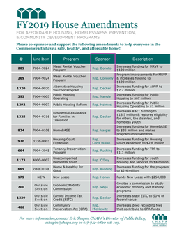 FY2019 House Amendments for AFFORDABLE HOUSING, HOMELESSNESS PREVENTION, & COMMUNITY DEVELOPMENT PROGRAMS