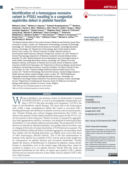 Identification of a Homozygous Recessive Variant in PTGS1 Resulting in a Congenital Ferrata Storti Foundation Aspirin-Like Defect in Platelet Function