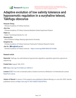 Adaptive Evolution of Low Salinity Tolerance and Hypoosmotic Regulation in a Euryhaline Teleost, Takifugu Obscurus