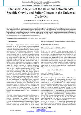 Statistical Analysis of the Relations Between API, Specific Gravity and Sulfur Content in the Universal Crude Oil