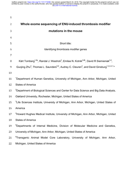 Whole Exome Sequencing of ENU-Induced Thrombosis Modifier