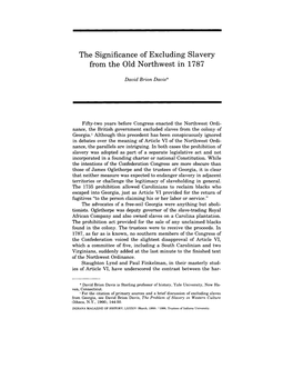 The Significance of Excluding Slavery from the Old Northwest in 1787