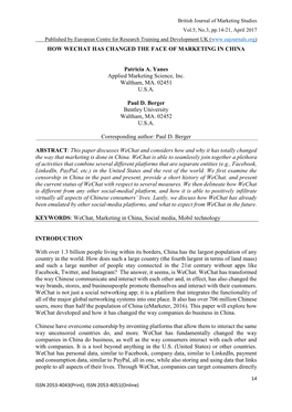 HOW WECHAT HAS CHANGED the FACE of MARKETING in CHINA Patricia A. Yanes Applied Marketing Science, Inc. Waltham, MA. 02451 U.S.A