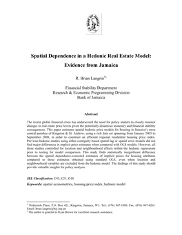 Spatial Dependence in a Hedonic Real Estate Model: Evidence from Jamaica