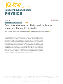 Control of Electron Recollision and Molecular Nonsequential Double Ionization ✉ Shuai Li1, Diego Sierra-Costa1, Matthew J