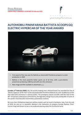 Automobili Pininfarina Battista Scoops Gq Electric Hypercar of the Year Award
