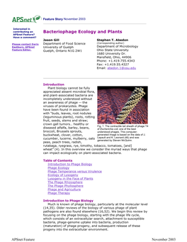 Bacteriophage Ecology and Plants Apsnet Feature? Have a Comment? Jason Gill Stephen T