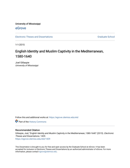 English Identity and Muslim Captivity in the Mediterranean, 1580-1640