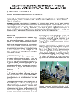 Adenovirus Validated Ultraviolet Systems for Inactivation of SARS-Cov-2, the Virus That Causes COVID-19?