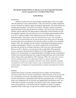 Diet Quality Mediated Effects on Manduca Sexta and Its Specialist Parasitoid, Cotesia Congregata, Over a Gradient of Host Plants