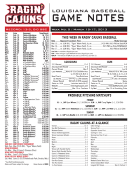 LOUISIANA BASEBALL GAME NOTES STATISTICAL COMPARISON PLAY BALL the Ragin’ Cajuns Baseball Team Returns to M.L