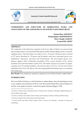 Composition and Structure of Herbaceous Flora and Vegetation of the Lower Delta of Ouémé in Southern Benin