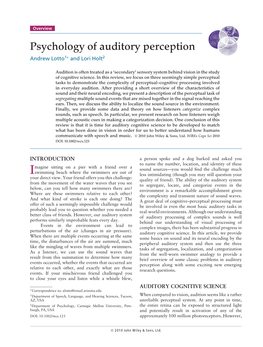 Psychology of Auditory Perception Andrew Lotto1∗ and Lori Holt2