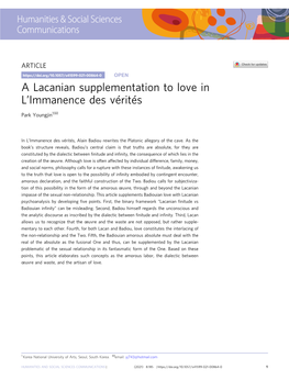 A Lacanian Supplementation to Love in L'immanence Des Vérités