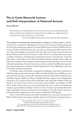 The Le Conte Memorial Lectures and Park Interpretation—A Historical Account