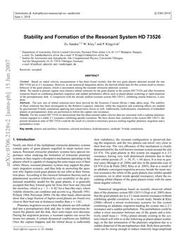 Stability and Formation of the Resonant System HD 73526 Oscillations of the Eccentricities and the Resonant Angles